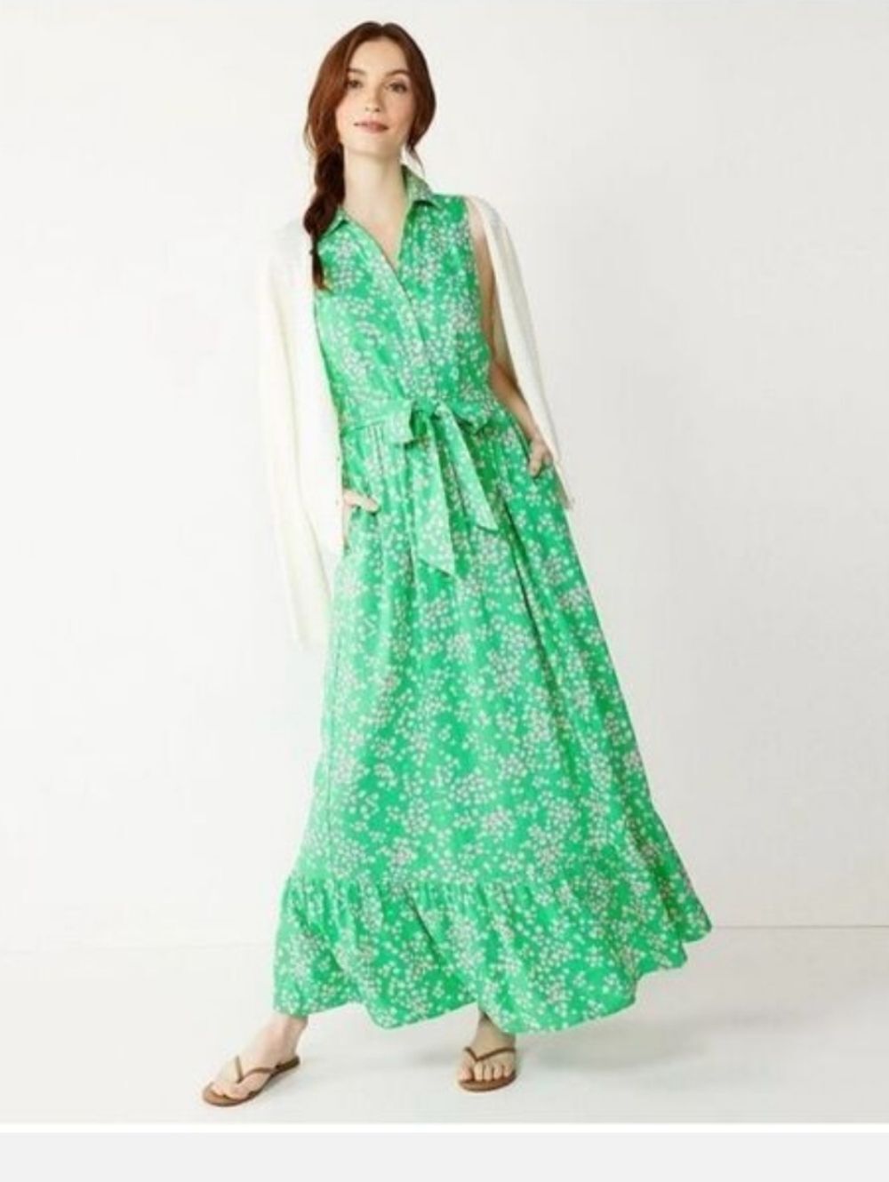 Draper James RSVP Linen Blend Kelly Green Floral Collared Sleeveless Maxi Dress